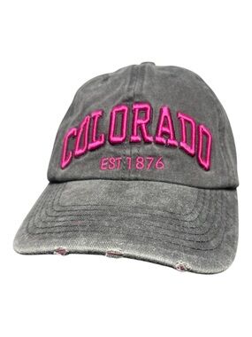 ROBIN RUTH Colorado Embroidered Baseball Cap in Gray with Pink Logo